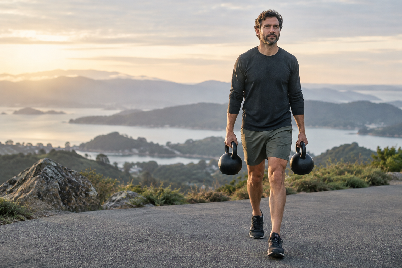 A man carrying two kettlebells outdoors at sunrise