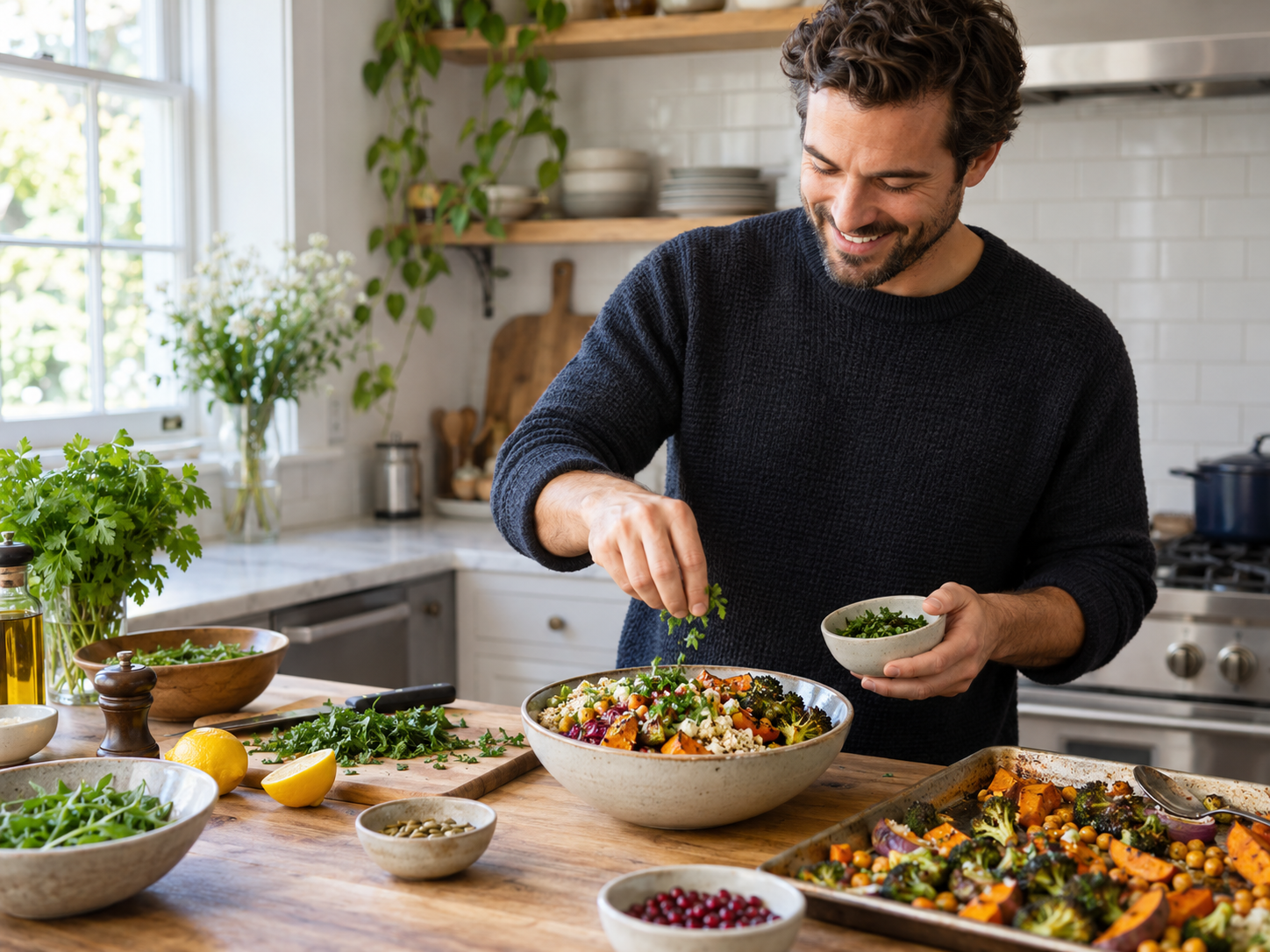 A man preparing a colorful meal in his kitchen